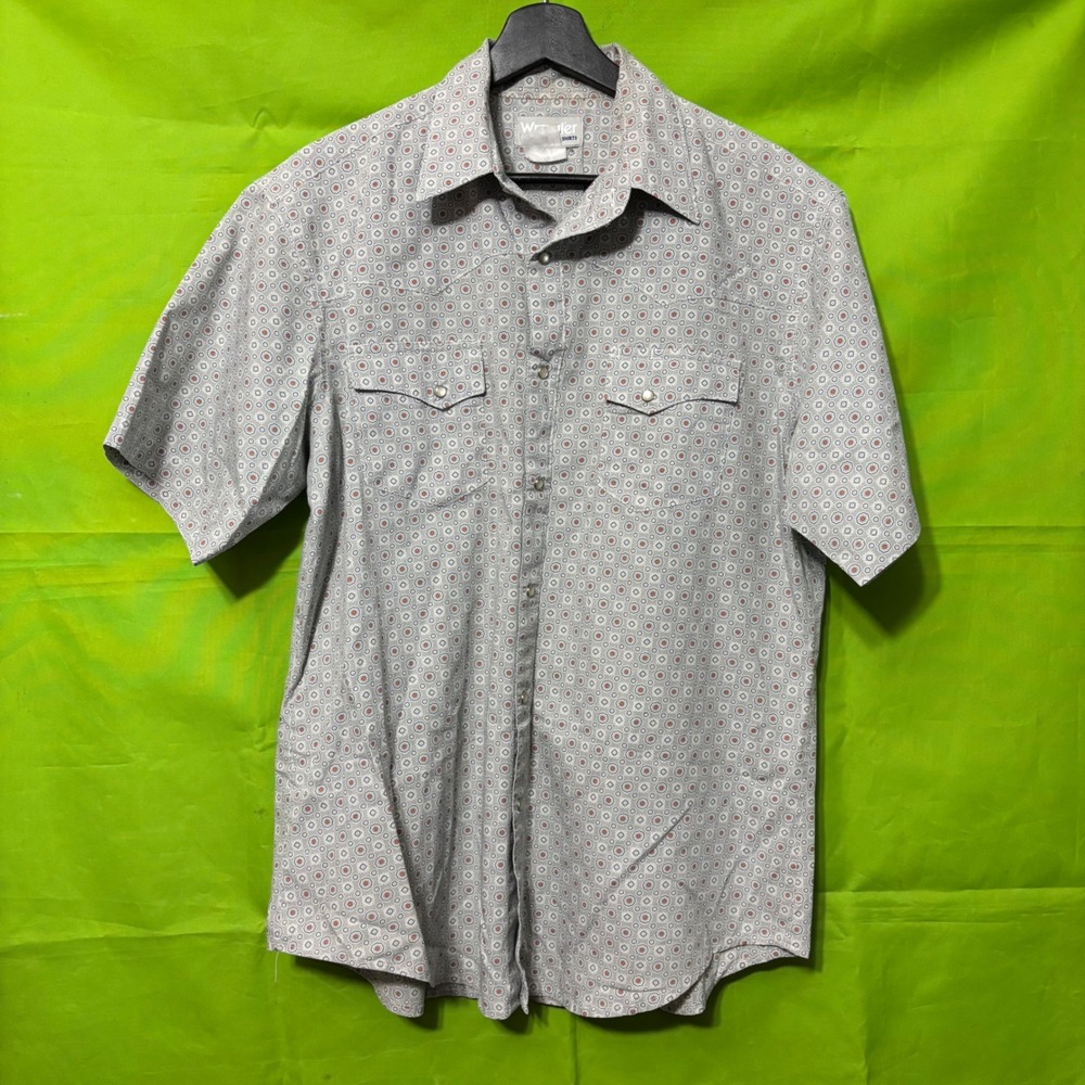 Wrangler Wrancher Mens Short Sleeve Western Pearl Snap Shirt Geometric Grey L